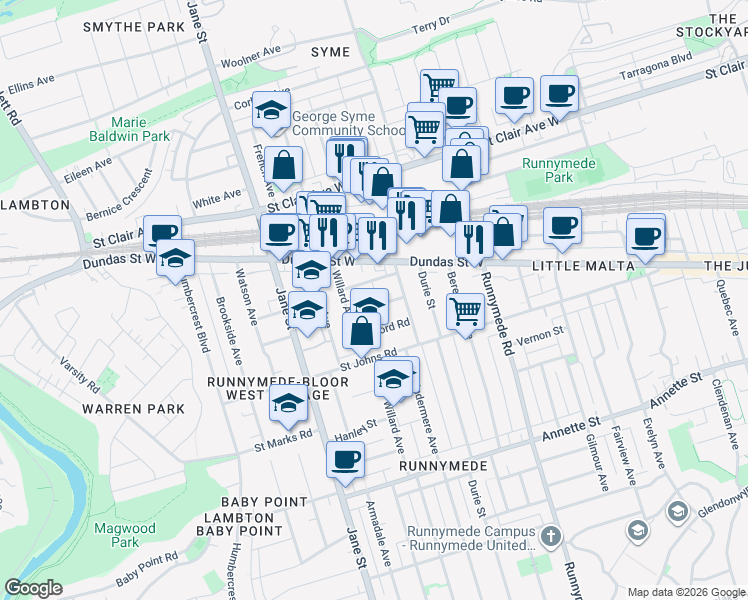map of restaurants, bars, coffee shops, grocery stores, and more near in Toronto