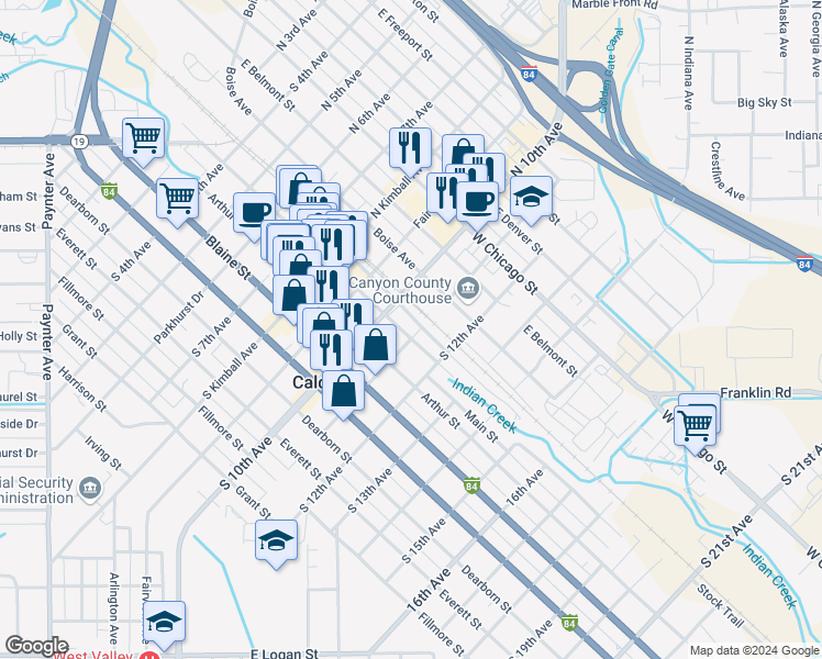 map of restaurants, bars, coffee shops, grocery stores, and more near 1021 Main Street in Caldwell