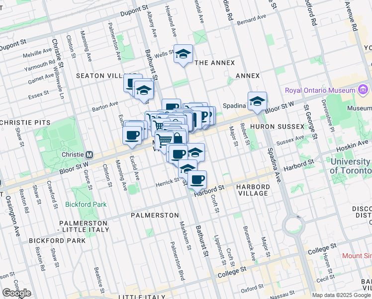 map of restaurants, bars, coffee shops, grocery stores, and more near 366 Lippincott Street in Toronto