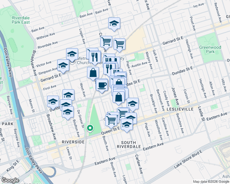 map of restaurants, bars, coffee shops, grocery stores, and more near 1173 Dundas Street East in Toronto