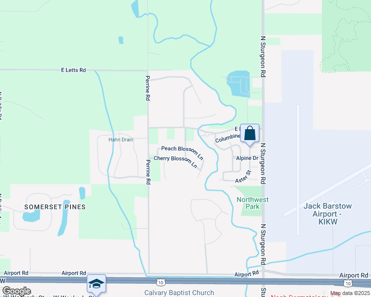 map of restaurants, bars, coffee shops, grocery stores, and more near 3807 Peach Blossom Lane in Midland