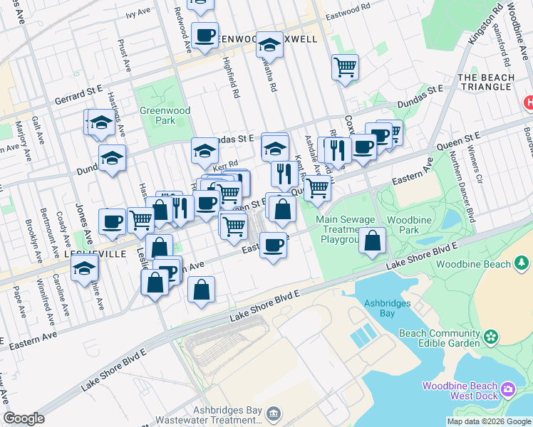 map of restaurants, bars, coffee shops, grocery stores, and more near 42 Connaught Avenue in Toronto