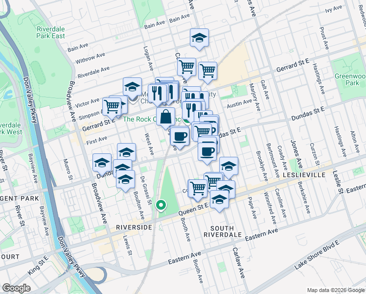 map of restaurants, bars, coffee shops, grocery stores, and more near 401 Logan Avenue in Toronto