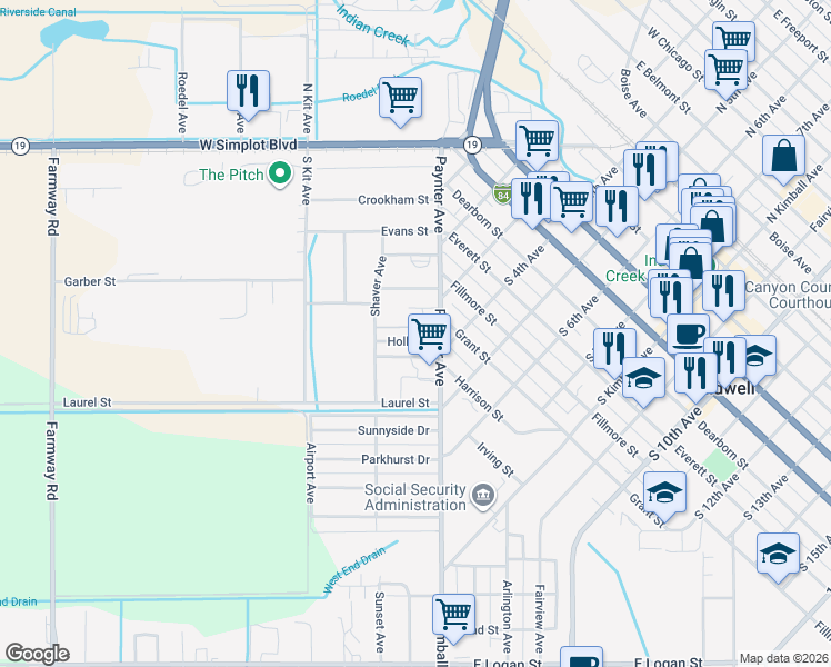 map of restaurants, bars, coffee shops, grocery stores, and more near 604 Paynter Avenue in Caldwell