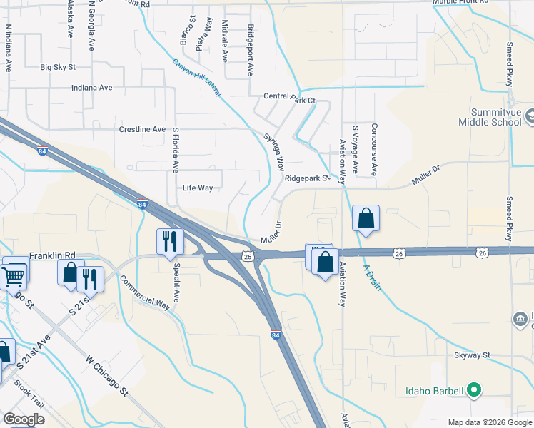 map of restaurants, bars, coffee shops, grocery stores, and more near 616 Syringa Place in Caldwell