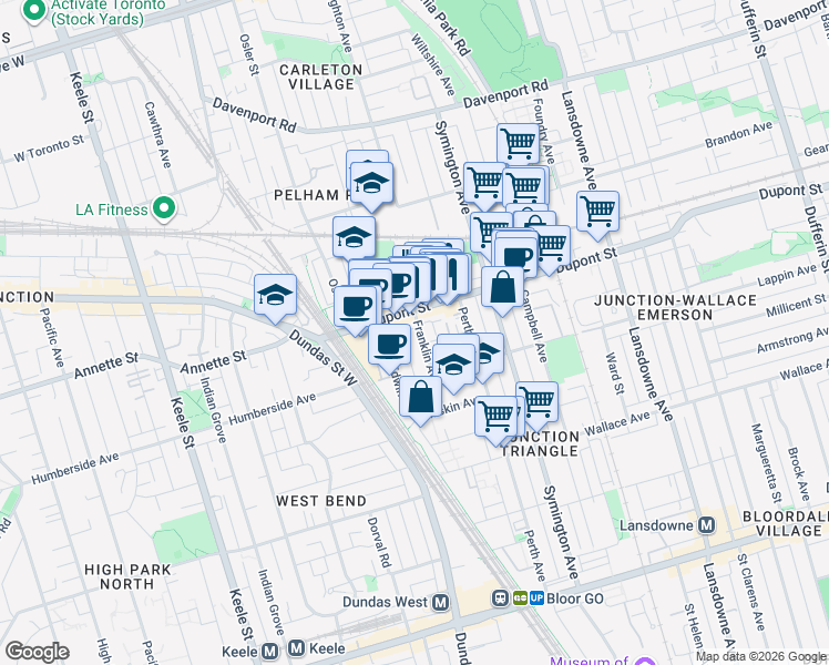 map of restaurants, bars, coffee shops, grocery stores, and more near 184 Franklin Avenue in Toronto