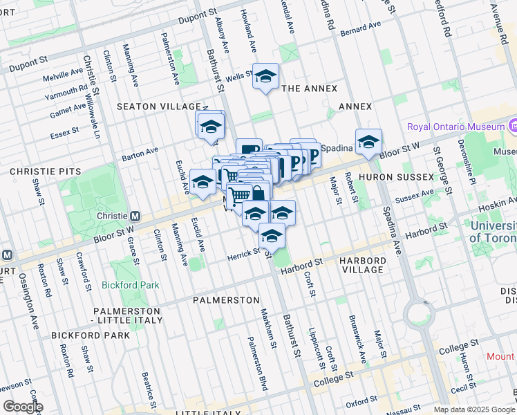 map of restaurants, bars, coffee shops, grocery stores, and more near 783 Bathurst Street in Toronto