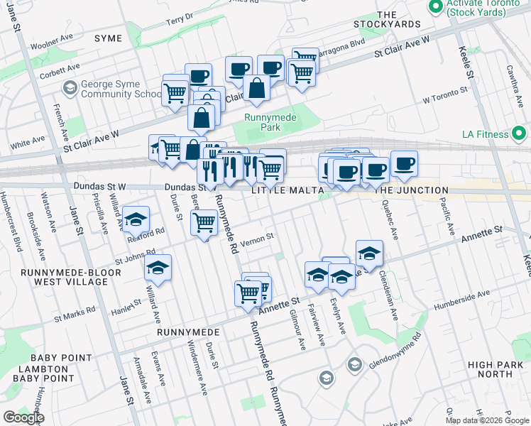 map of restaurants, bars, coffee shops, grocery stores, and more near 190 Saint Johns Road in Toronto