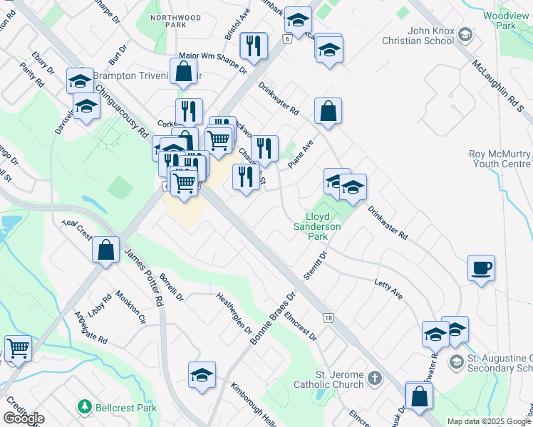 map of restaurants, bars, coffee shops, grocery stores, and more near Carrie Crescent in Brampton