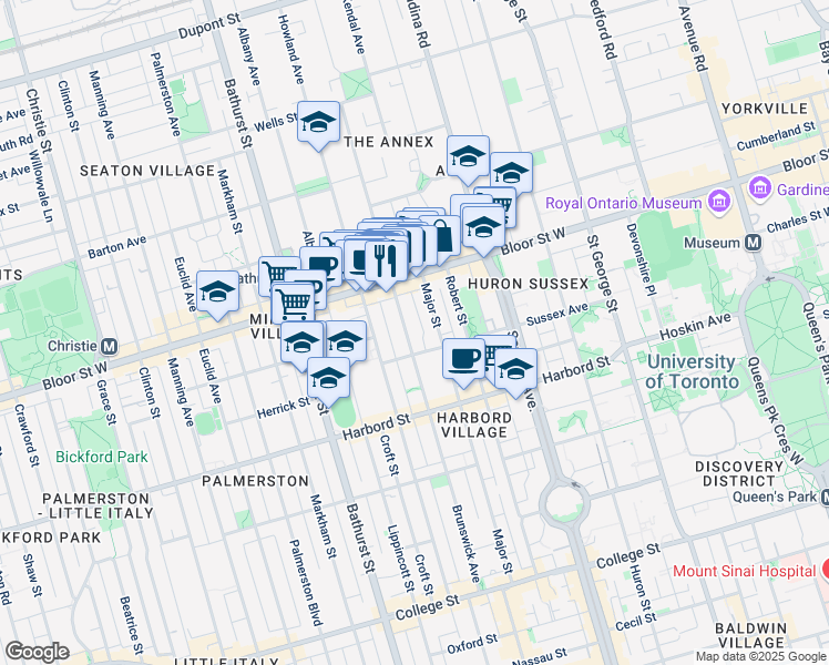 map of restaurants, bars, coffee shops, grocery stores, and more near 245 Brunswick Avenue in Toronto