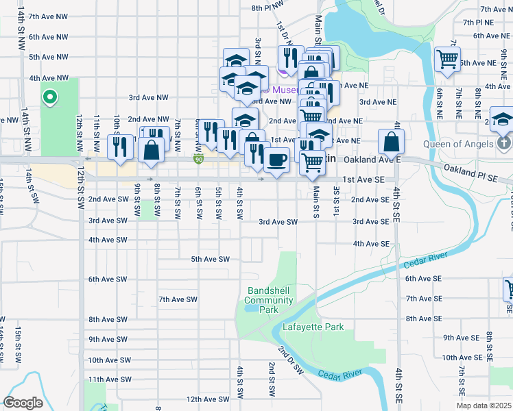 map of restaurants, bars, coffee shops, grocery stores, and more near 401 2nd Avenue Southwest in Austin