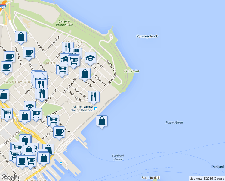 map of restaurants, bars, coffee shops, grocery stores, and more near 38 Eastern Promenade in Portland