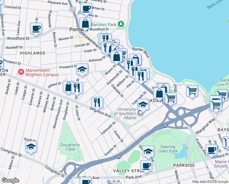 map of restaurants, bars, coffee shops, grocery stores, and more near 63 William Street in Portland