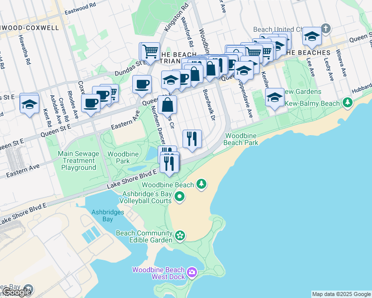 map of restaurants, bars, coffee shops, grocery stores, and more near in Toronto