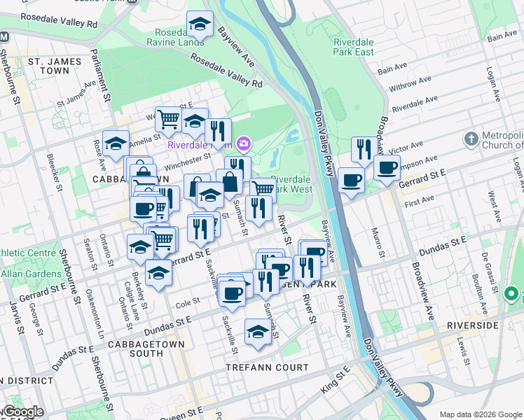 map of restaurants, bars, coffee shops, grocery stores, and more near in Toronto