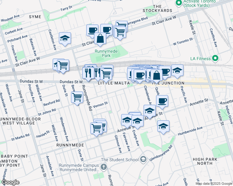 map of restaurants, bars, coffee shops, grocery stores, and more near in Toronto