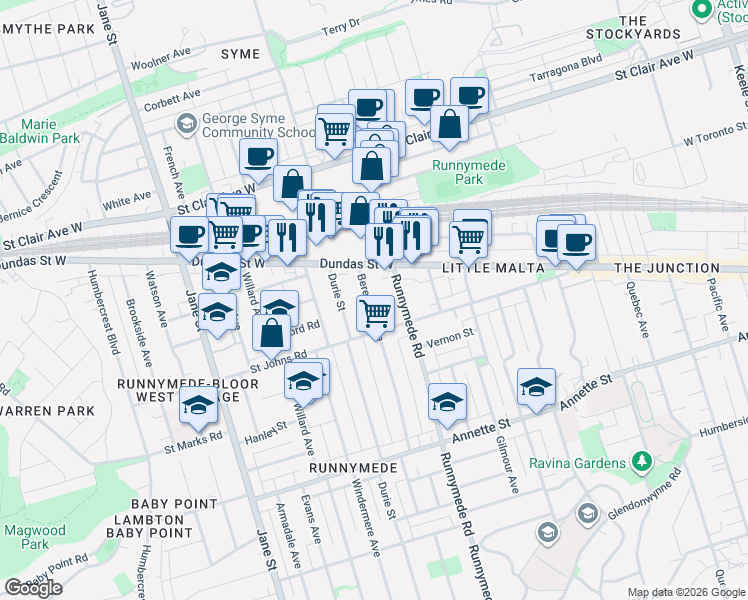 map of restaurants, bars, coffee shops, grocery stores, and more near in Toronto