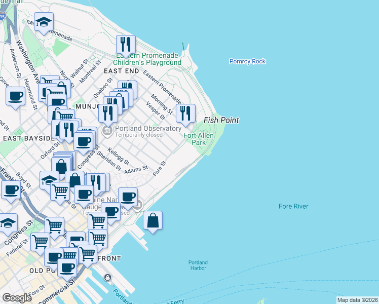 map of restaurants, bars, coffee shops, grocery stores, and more near 38 Eastern Promenade in Portland