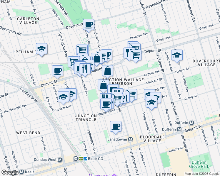 map of restaurants, bars, coffee shops, grocery stores, and more near 740 Lansdowne Avenue in Toronto