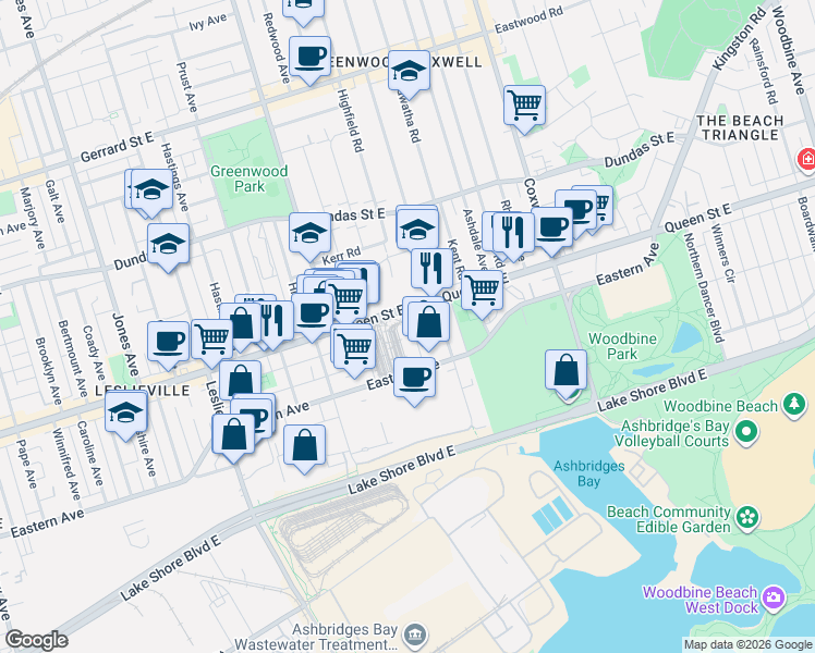 map of restaurants, bars, coffee shops, grocery stores, and more near 44 Connaught Avenue in Toronto