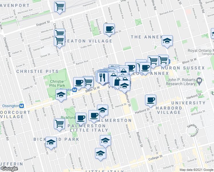 map of restaurants, bars, coffee shops, grocery stores, and more near 545 Palmerston Boulevard in Toronto