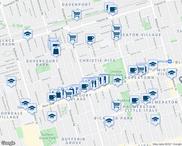 map of restaurants, bars, coffee shops, grocery stores, and more near 16 Leeds Street in Toronto