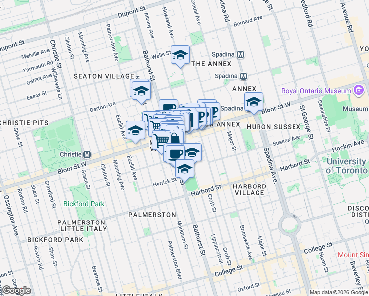 map of restaurants, bars, coffee shops, grocery stores, and more near 370 Lippincott Street in Toronto