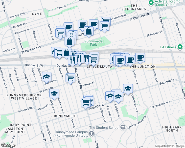 map of restaurants, bars, coffee shops, grocery stores, and more near 188 Saint Johns Road in Toronto