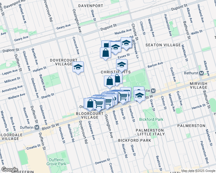 map of restaurants, bars, coffee shops, grocery stores, and more near 16 Leeds Street in Toronto