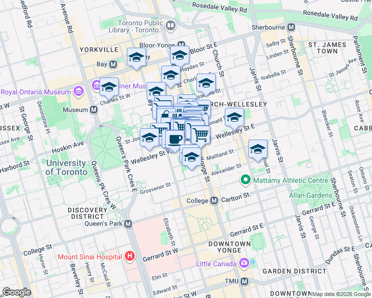 map of restaurants, bars, coffee shops, grocery stores, and more near 15 Wellesley Street West in Toronto