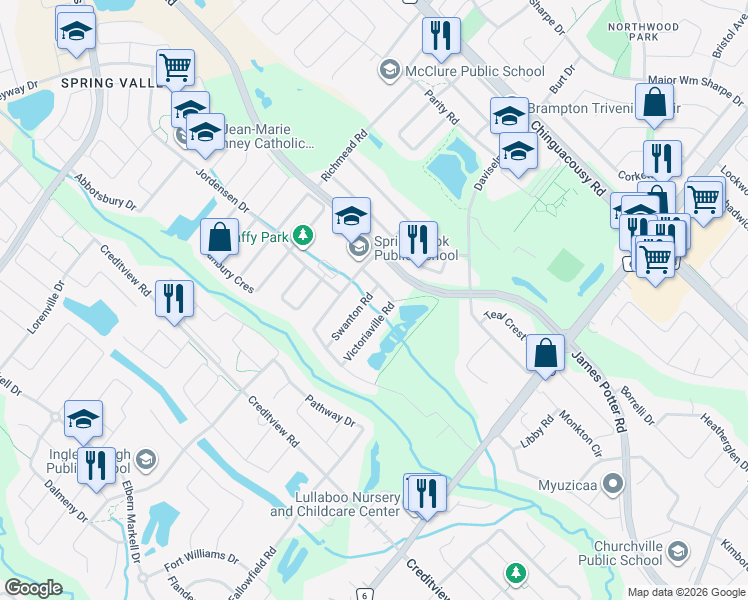 map of restaurants, bars, coffee shops, grocery stores, and more near in Brampton