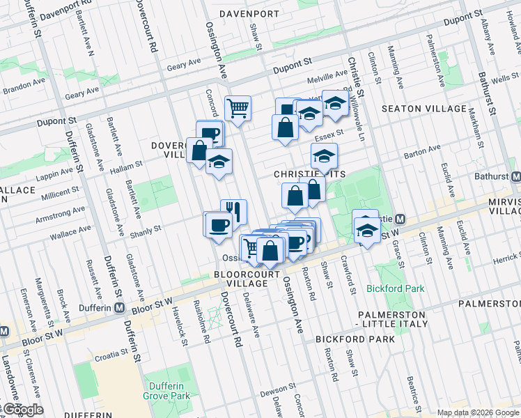 map of restaurants, bars, coffee shops, grocery stores, and more near 838 Ossington Avenue in Toronto