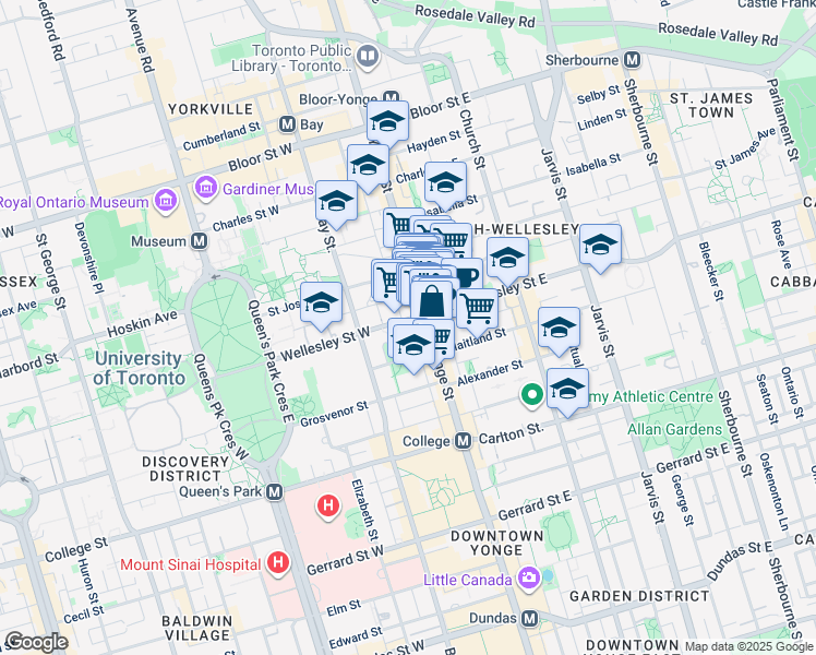map of restaurants, bars, coffee shops, grocery stores, and more near 11 Wellesley Street West in Toronto