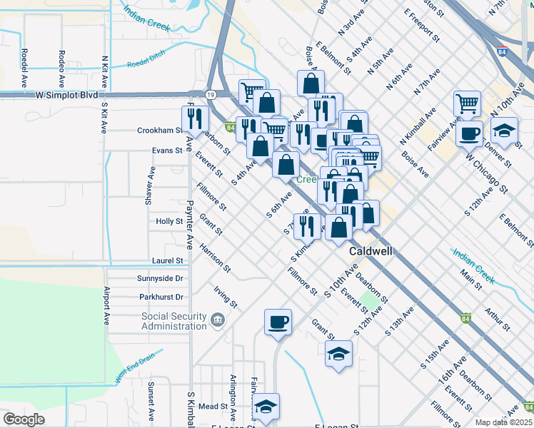 map of restaurants, bars, coffee shops, grocery stores, and more near 523 Everett Street in Caldwell
