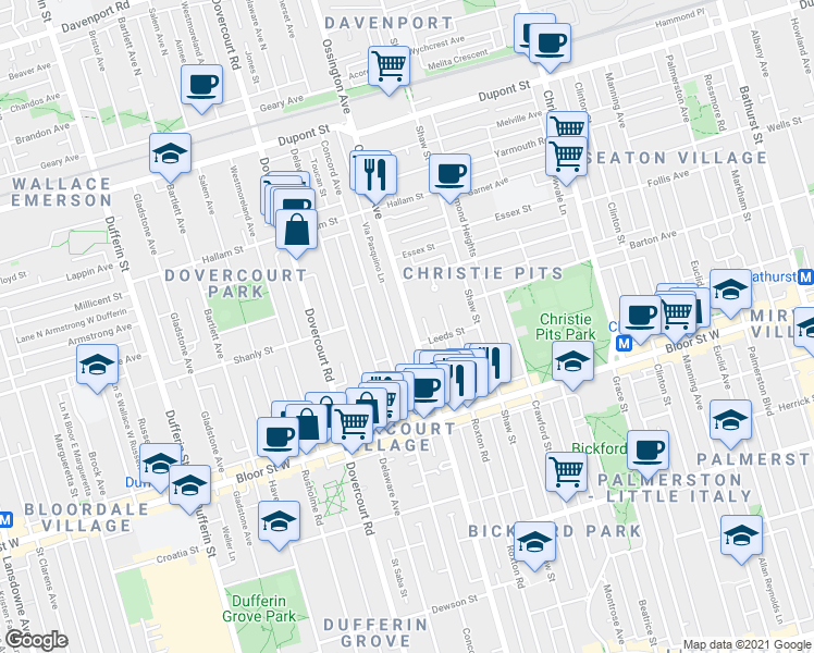 map of restaurants, bars, coffee shops, grocery stores, and more near 838 Ossington Avenue in Toronto