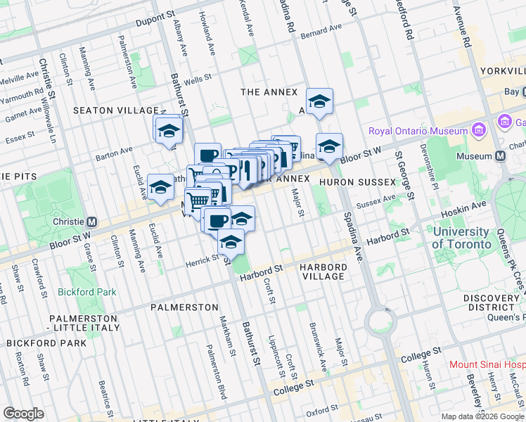 map of restaurants, bars, coffee shops, grocery stores, and more near 241 Borden Street in Toronto