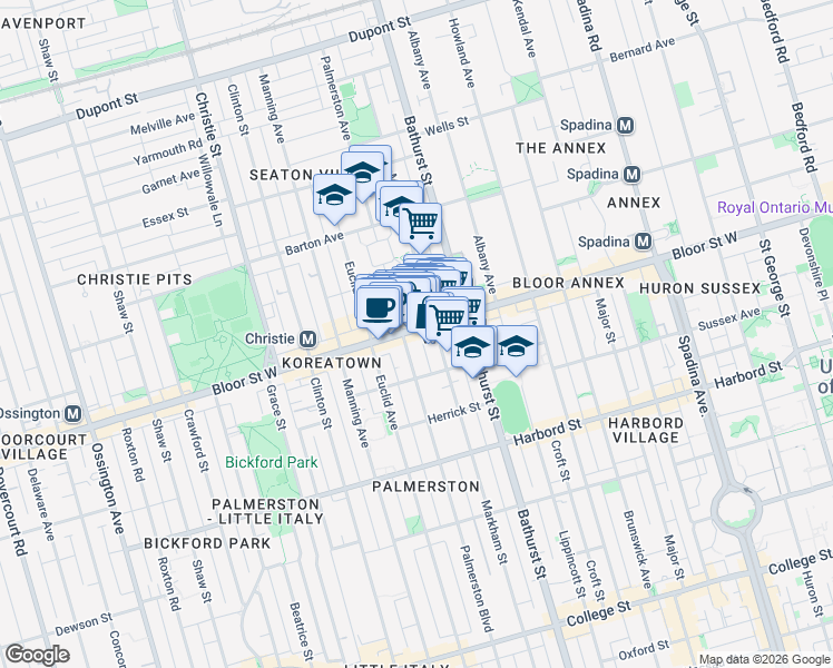 map of restaurants, bars, coffee shops, grocery stores, and more near 605 Bloor Street West in Toronto