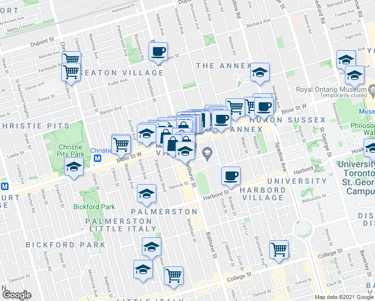 map of restaurants, bars, coffee shops, grocery stores, and more near 783 Bathurst Street in Toronto