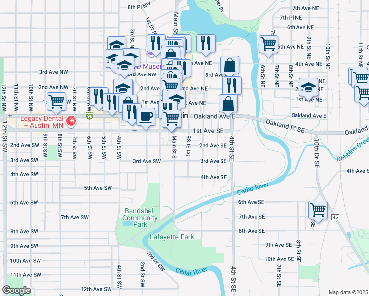 map of restaurants, bars, coffee shops, grocery stores, and more near 300 1st Street Southeast in Austin