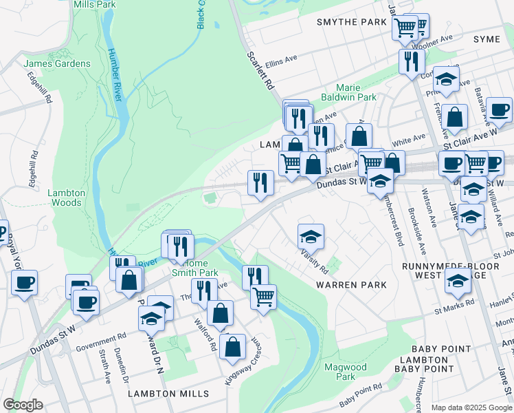 map of restaurants, bars, coffee shops, grocery stores, and more near 4020 Dundas Street West in Toronto