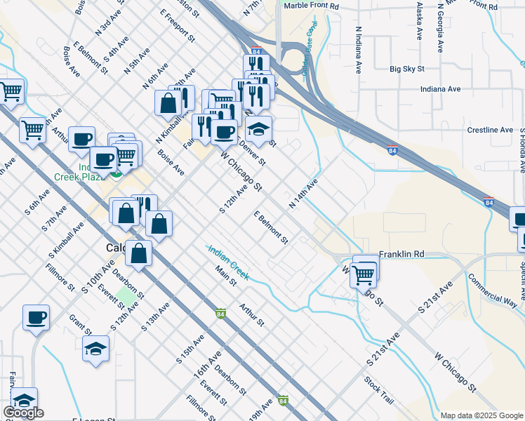 map of restaurants, bars, coffee shops, grocery stores, and more near 1305 East Belmont Street in Caldwell
