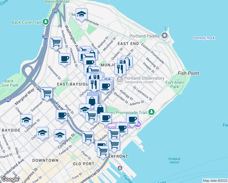 map of restaurants, bars, coffee shops, grocery stores, and more near 73 Sheridan Street in Portland
