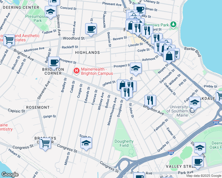 map of restaurants, bars, coffee shops, grocery stores, and more near 21 Beacon Street in Portland