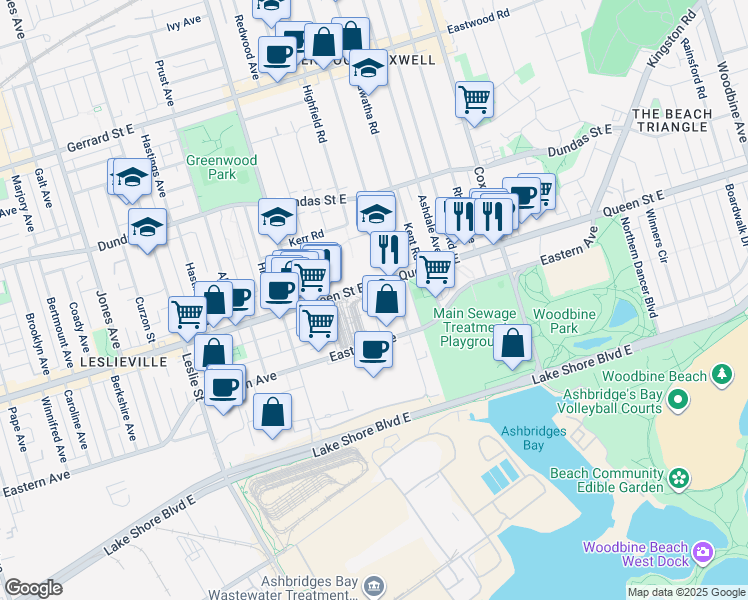 map of restaurants, bars, coffee shops, grocery stores, and more near in Toronto