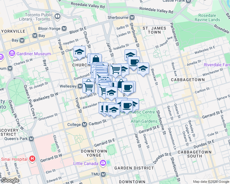 map of restaurants, bars, coffee shops, grocery stores, and more near in Toronto
