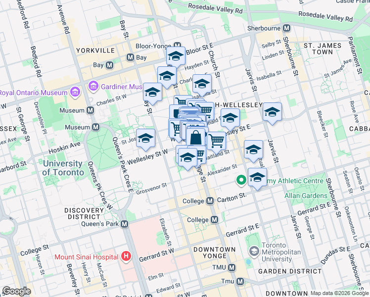map of restaurants, bars, coffee shops, grocery stores, and more near 11 Wellesley Street West in Toronto