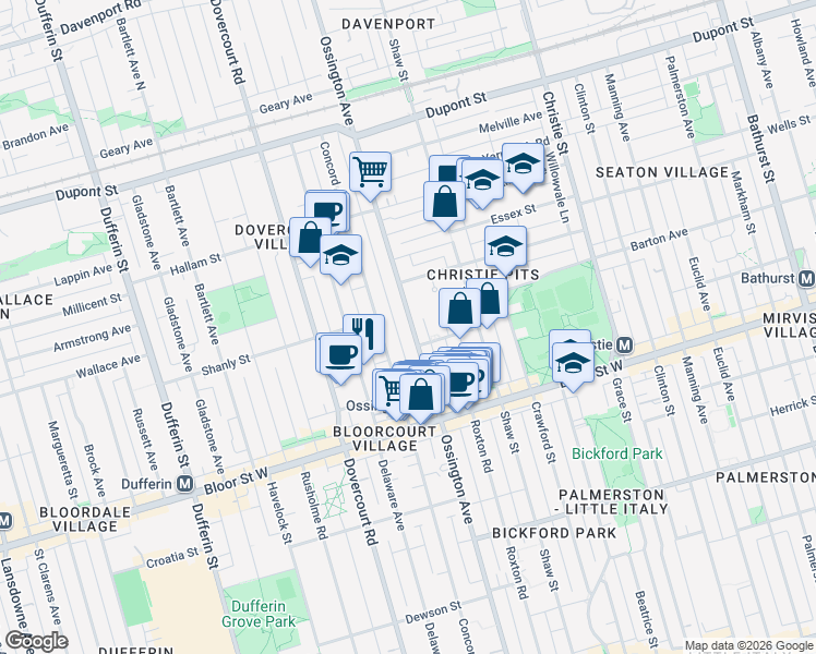 map of restaurants, bars, coffee shops, grocery stores, and more near in Toronto