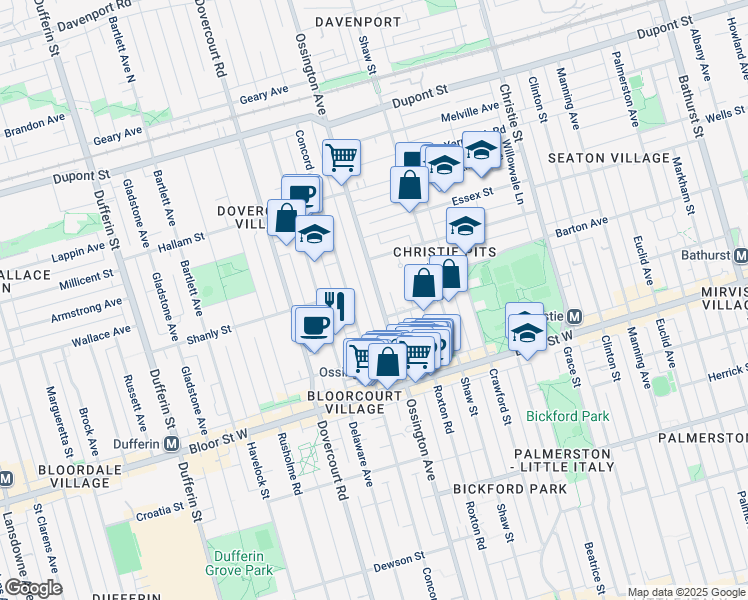 map of restaurants, bars, coffee shops, grocery stores, and more near in Toronto