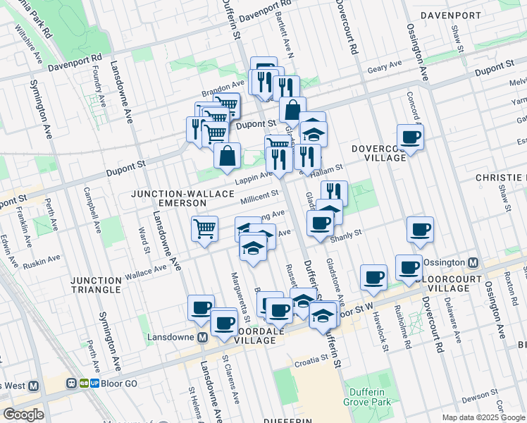 map of restaurants, bars, coffee shops, grocery stores, and more near in Toronto