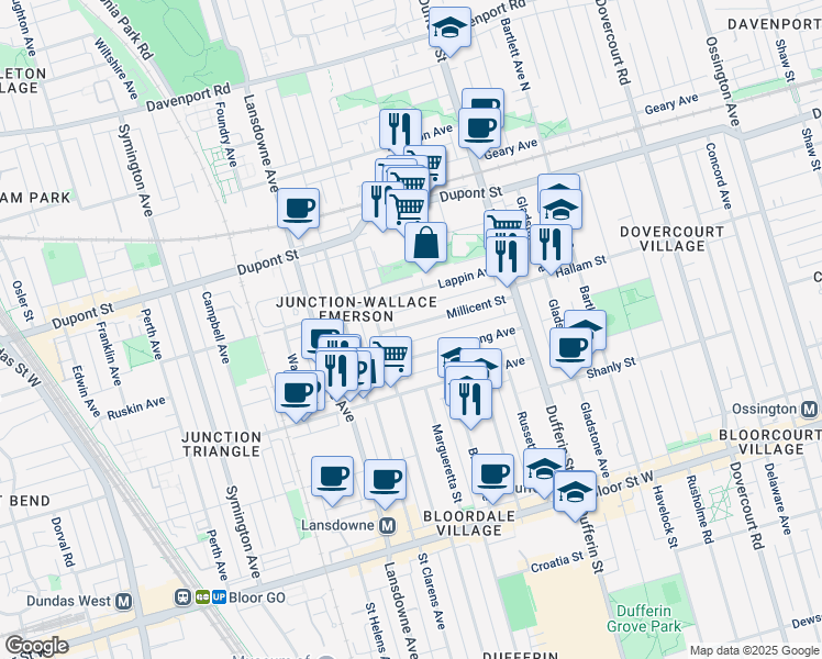 map of restaurants, bars, coffee shops, grocery stores, and more near in Toronto